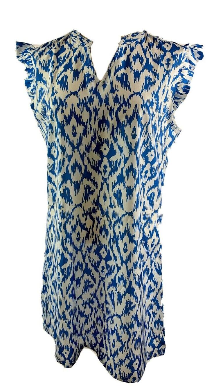 Medium Made with Love Shift Dress White Blue New Ruffle Sleeve V-Neck